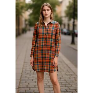 Toad & Co Re-form Flannel Tunic Shirt Dress L Plaid Long Sleeves Preppy Western